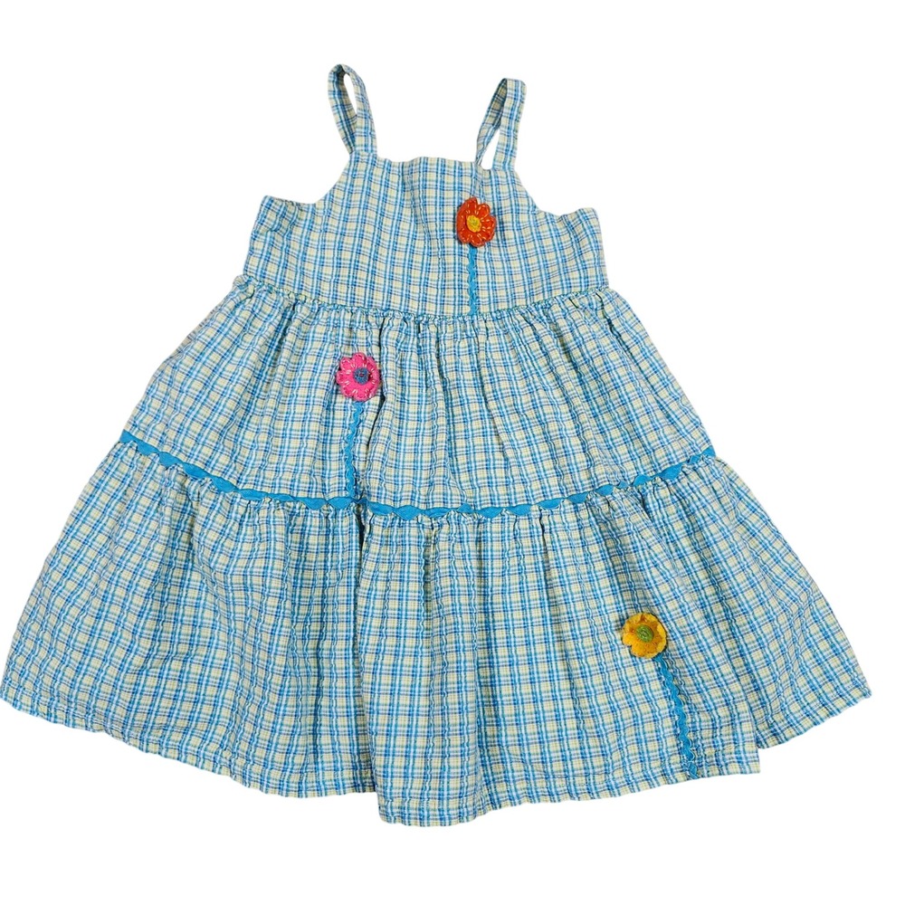 Sweet Potatoes Vintage‎ Toddler Girls Blue Plaid Seersucker Flower Dress 3T USA